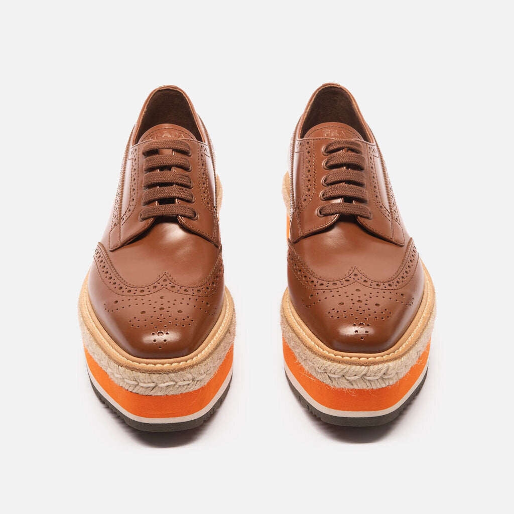 Prada Brown Leather Orange Platform Oxfords Shoes