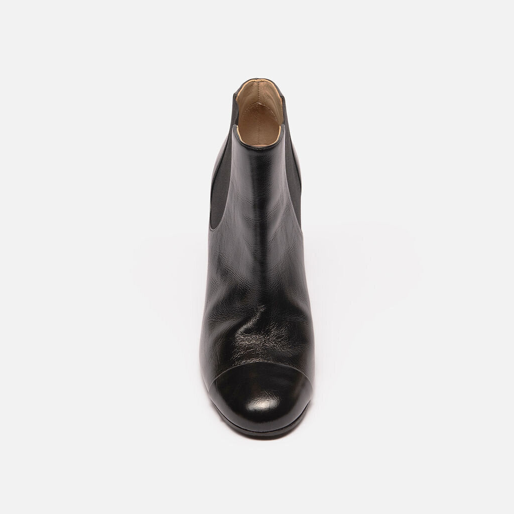 Chanel Black Leather Gold Logo Heel Ankle Boots