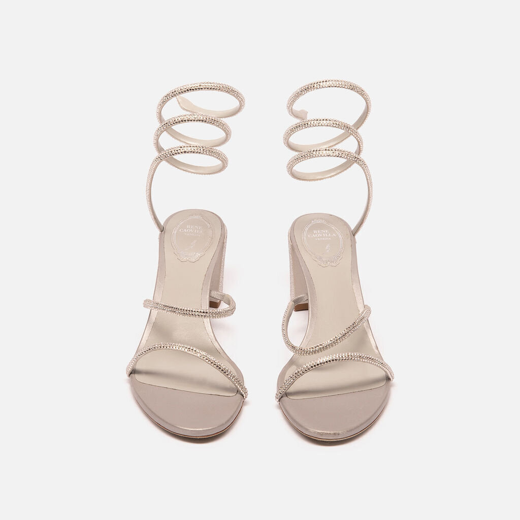 Rene Caovilla Silver Crystal Ankle Wrap Block Heels