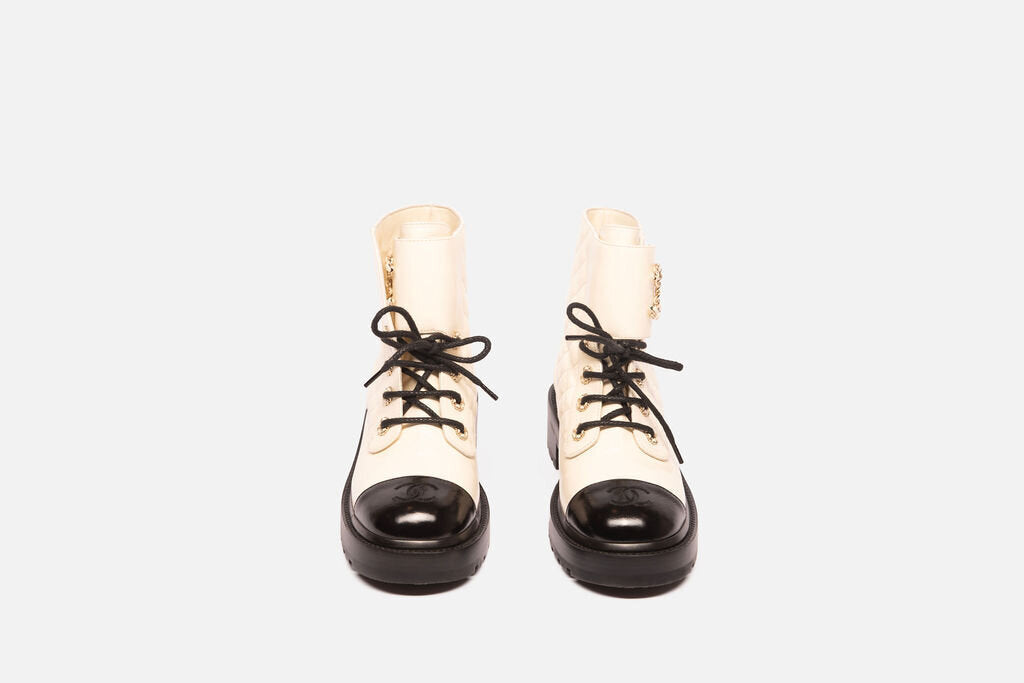 Chanel White Leather Black Captoe Lace-Up Boots