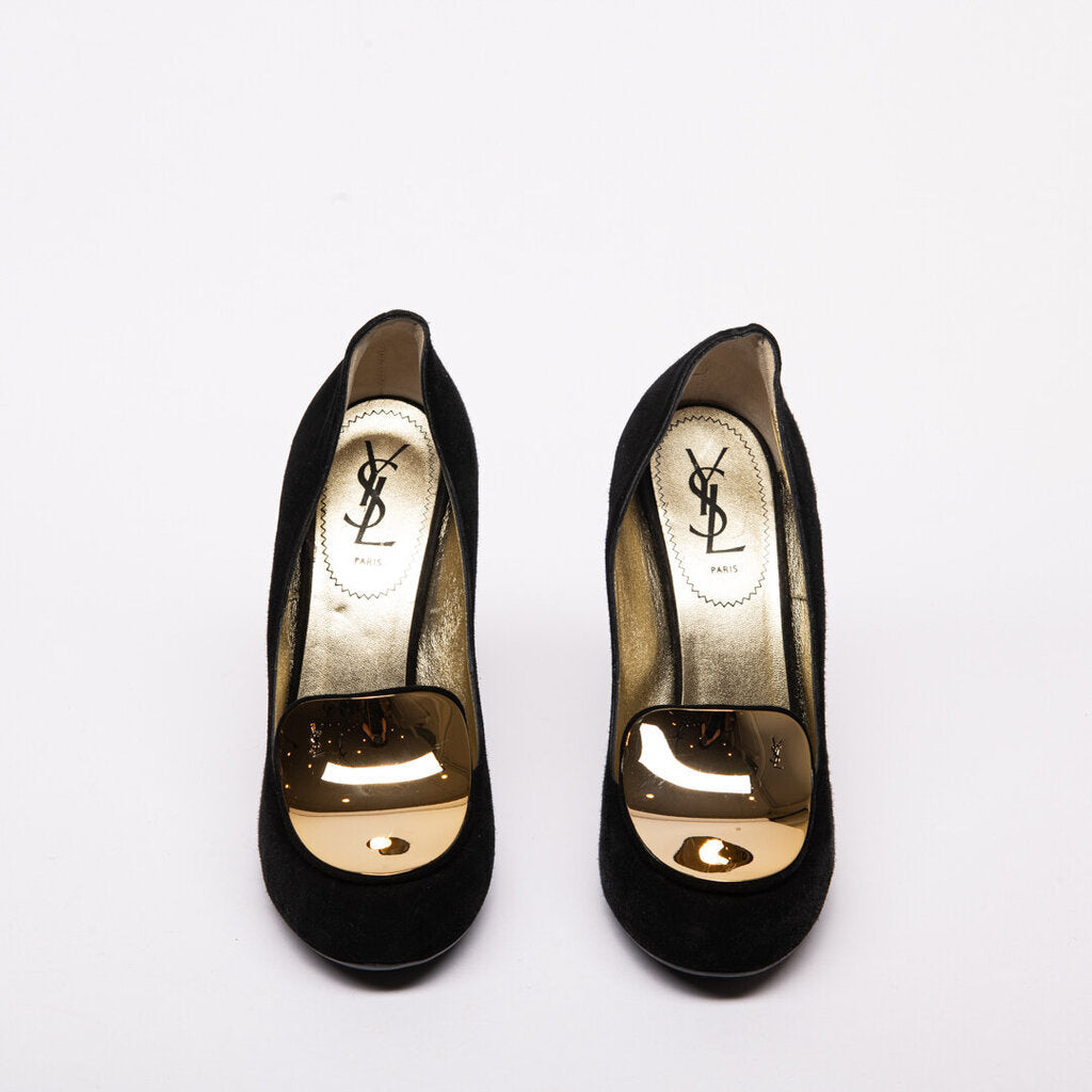 YSL Yves Saint Laurent Black Suede Gold Toe Heels