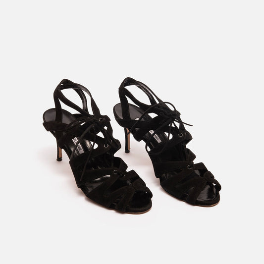 Manolo Blahnik Black Lace-Up Suede Strappy Heels