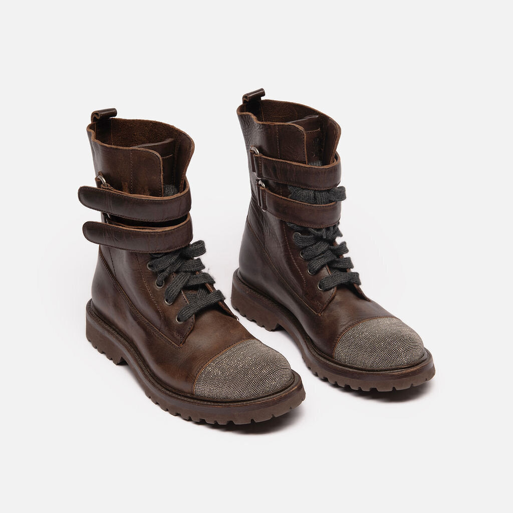 Brunello Cucinelli Brown Leather Monili Bead Combat Boots