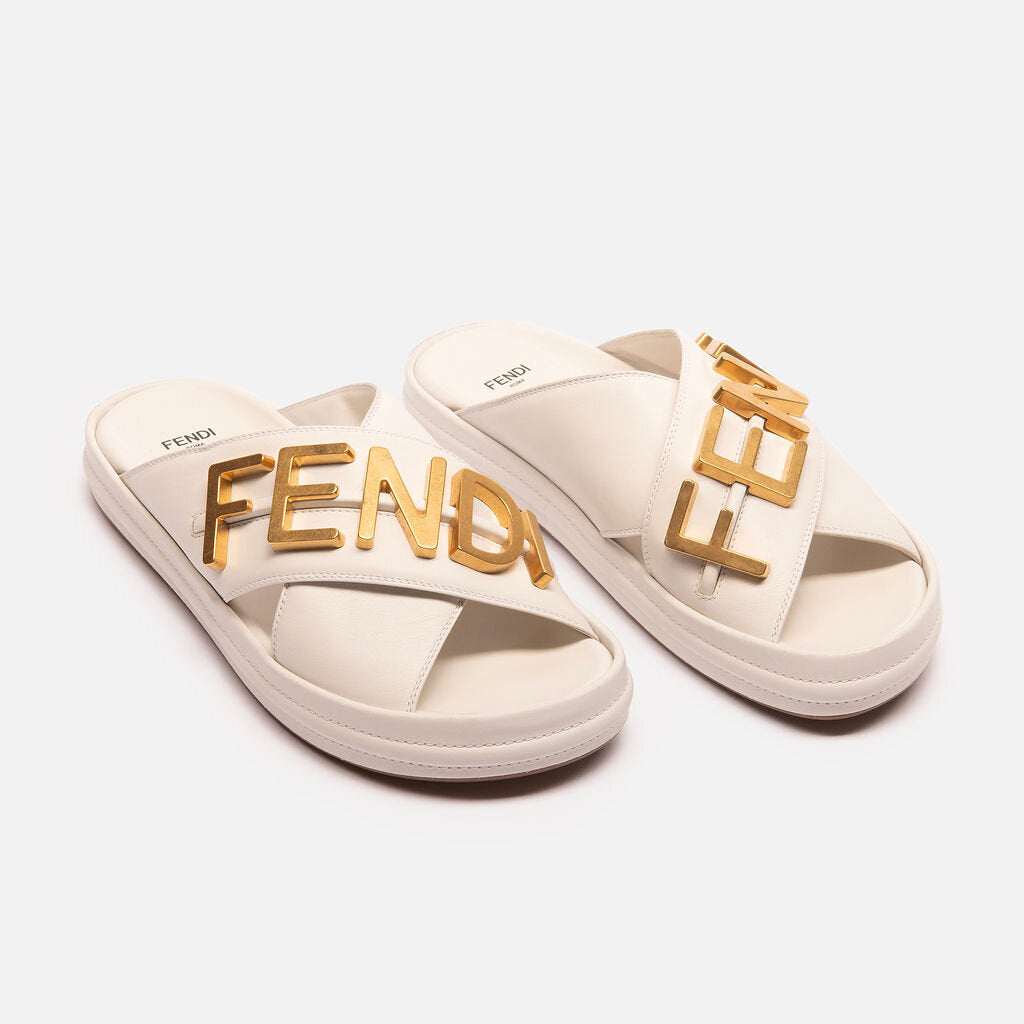 Fendi White & Gold Logo Sandal