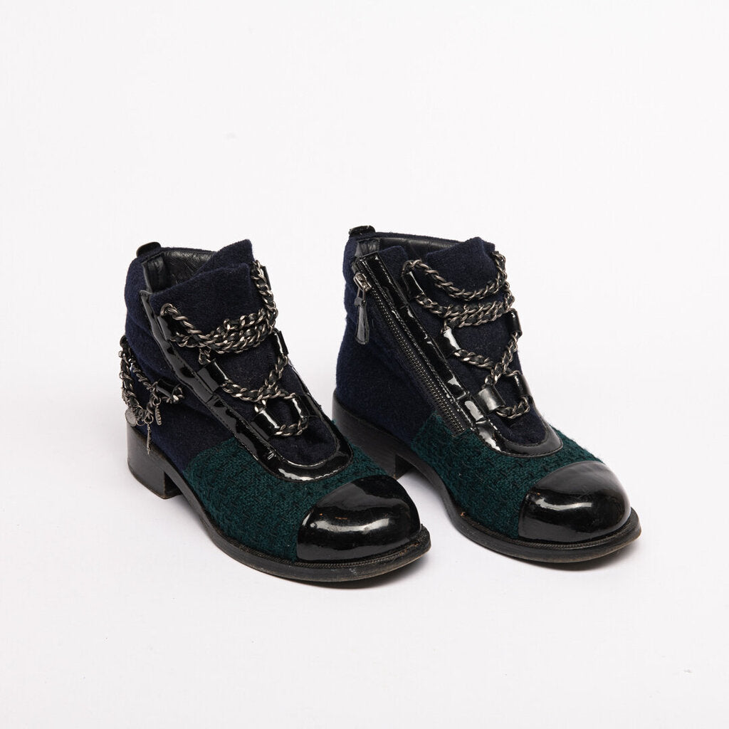 Chanel Green/Blue Tweed Chain Boot (As Is)