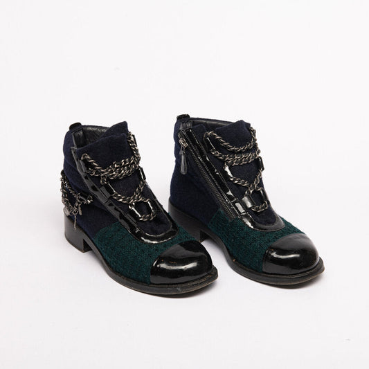Chanel Green/Blue Tweed Chain Boot (As Is)