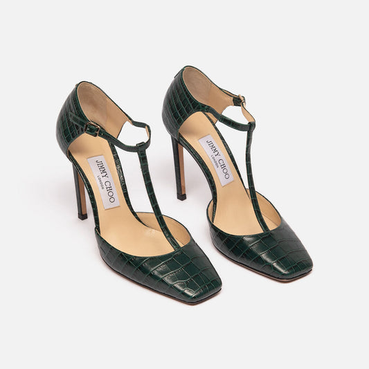Jimmy Choo Green Leather Croc Embossed Heel