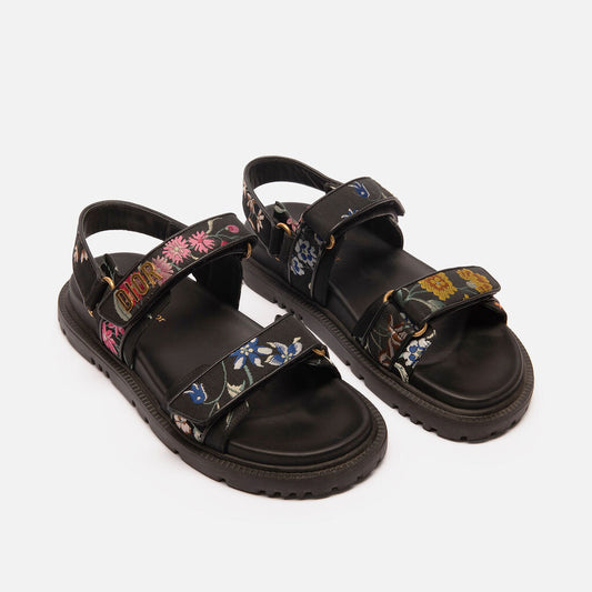 Christian Dior Black Leather & Fabric Floral Dad Sandals