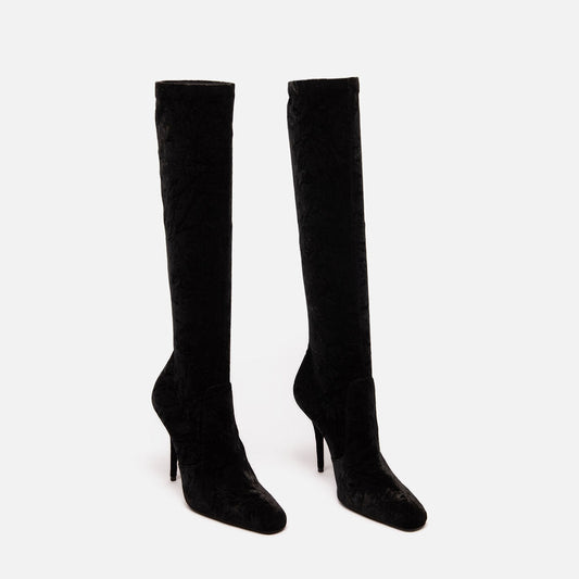 Saint Laurent Black Velvet Knee High Boots
