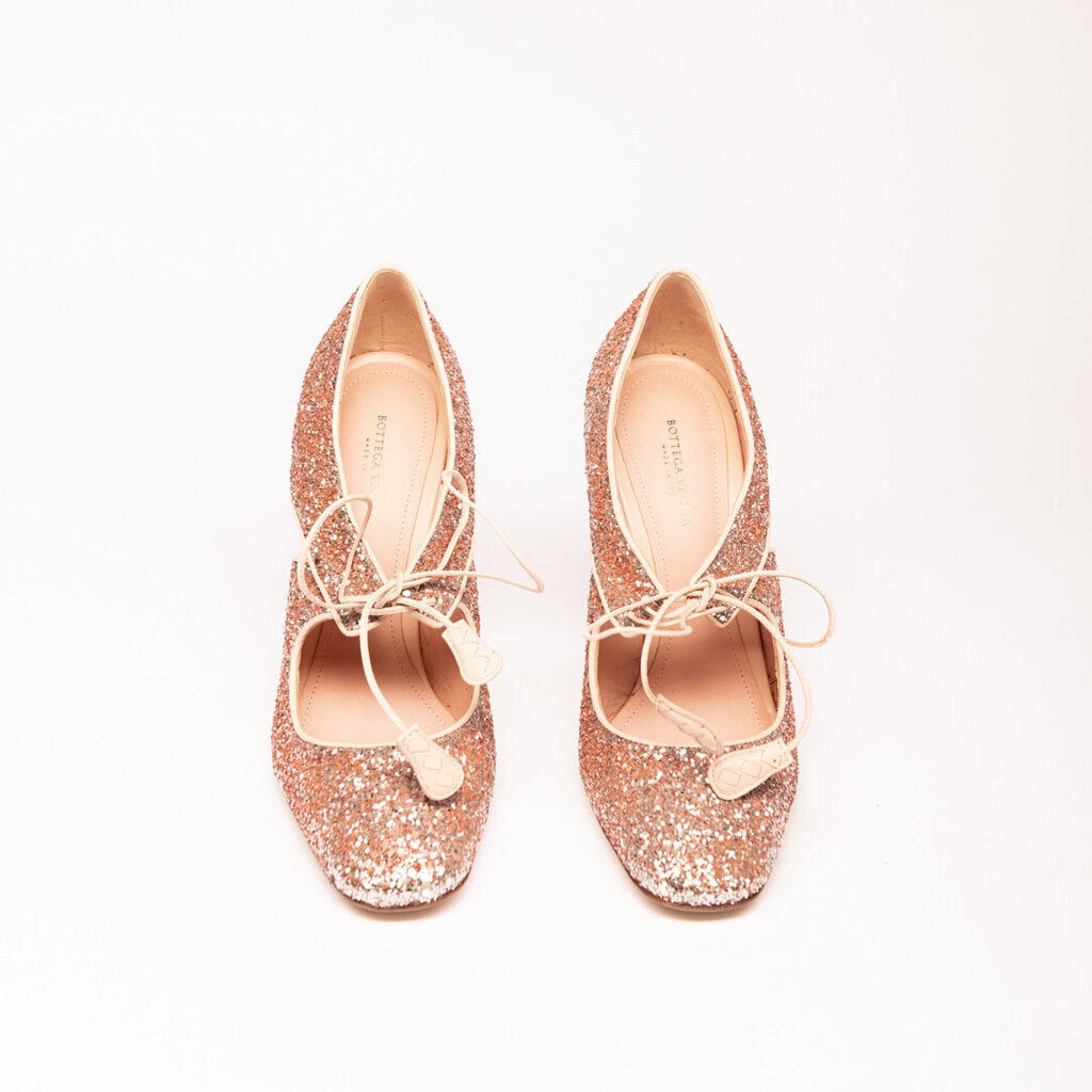 Bottega Veneta Pink Glitter Lace-Up Pumps
