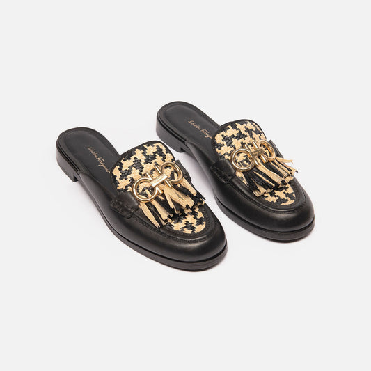 Salvatore Ferragamo Black Leather Raffia Woven Mule