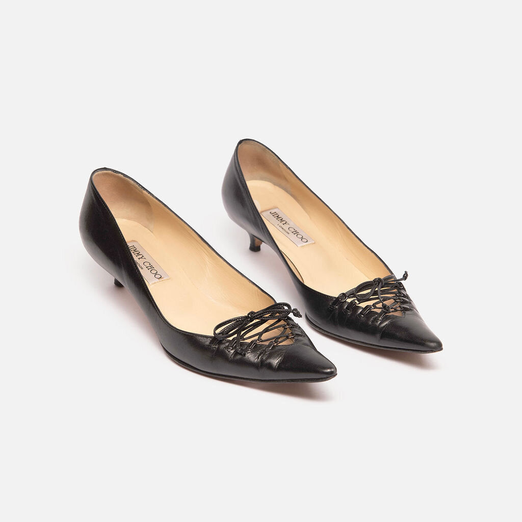 Jimmy Choo Black Leather Lace-Up Kitten Heel