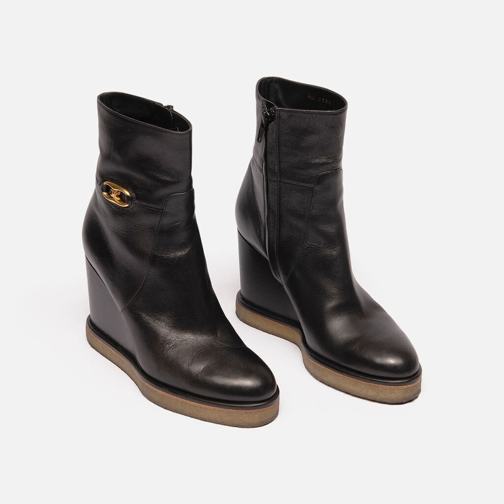 Celine Black Leather Wedge Boots