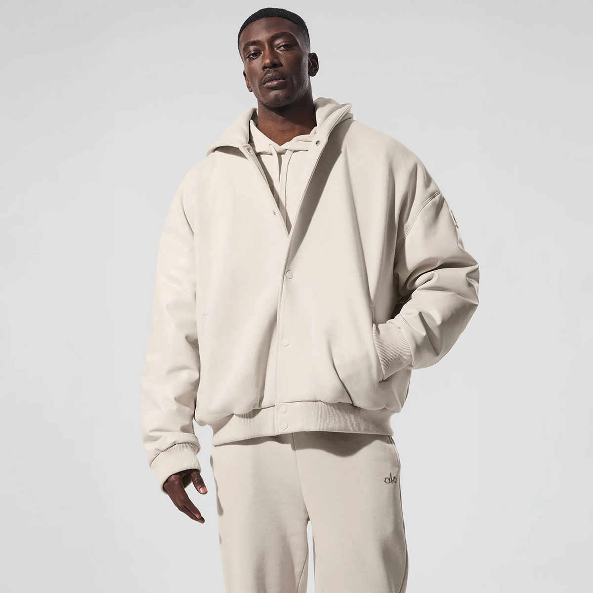 Alo Yoga Select Hooded Bone Bomber Jacket