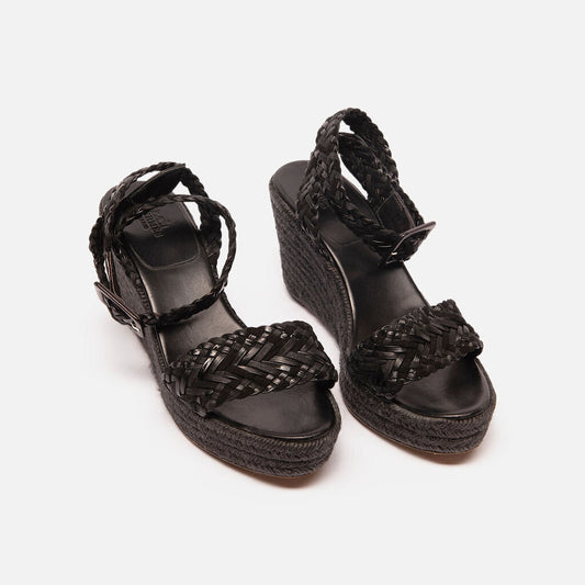 Hermes Black Leather Espadrille Wedge