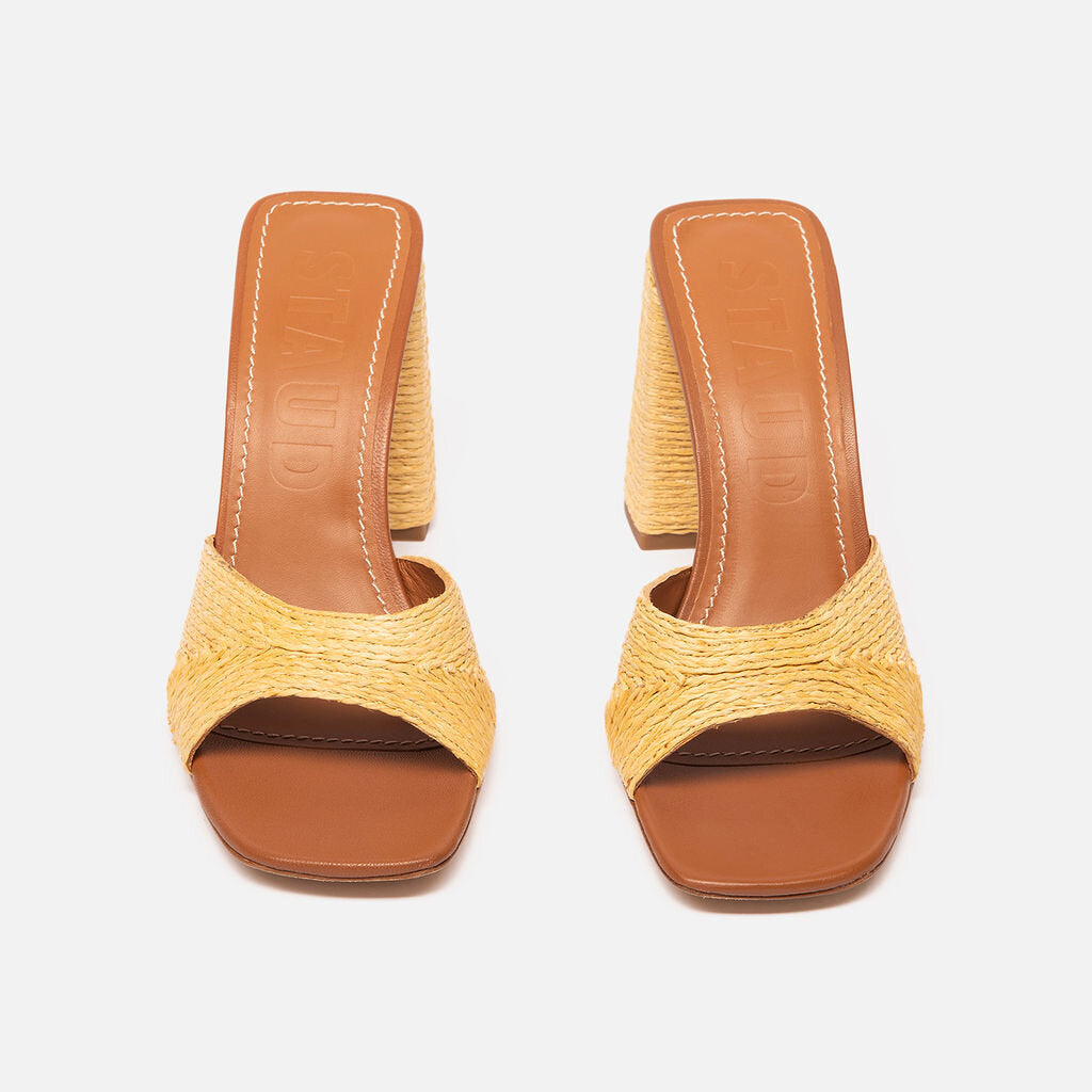 Staud Beige Raffia Heeled Mules